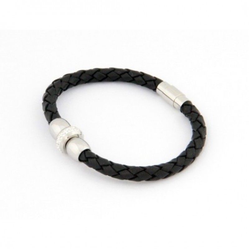 INSPIRIT Men's Leather and Stainless Steel Crystal  Bracelet